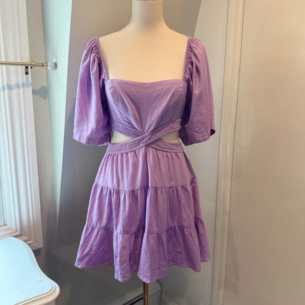Free People Lilac Cross of Sunlight Puff Sleeve Cutout Mini Dress | Size Small